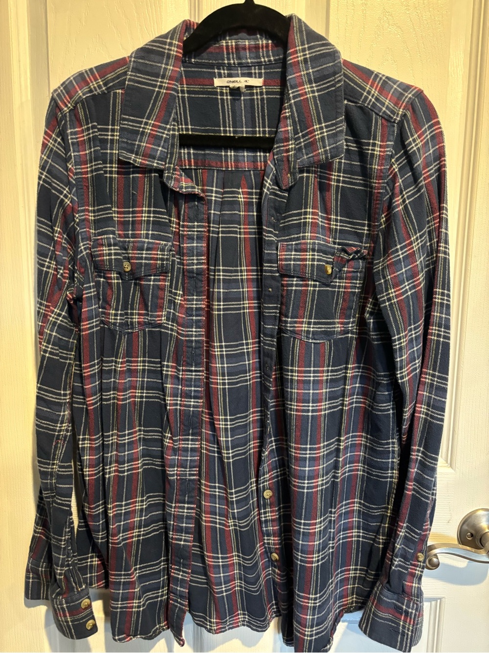 O'Neill Navy and Red Plaid Button-Down Flannel Shirt